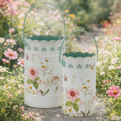 Vaso decorativo rotondo in ferro EDG con fiori, bordo traforato e manico verde, in due misure