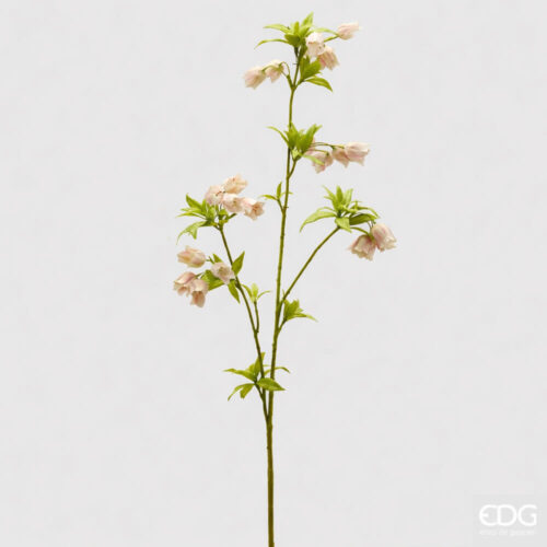 Ramo artificiale Enkianthus con fiori pendenti rosa cipria e foglie verdi, altezza 82 cm.