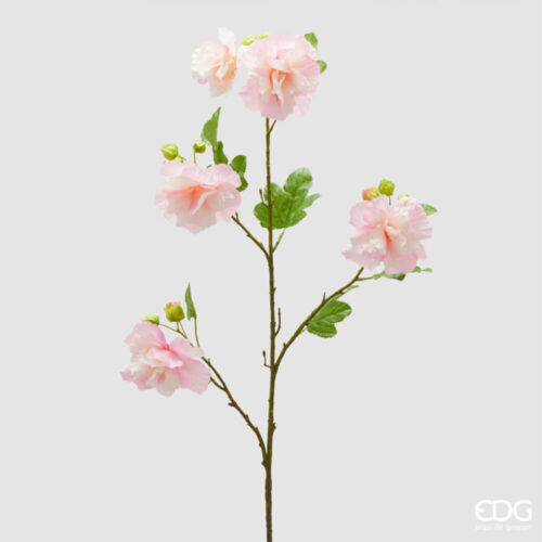 Ramo di hibiscus artificiale rosa EDG con fiore aperto, boccioli verdi e foglie naturali, stile elegante.