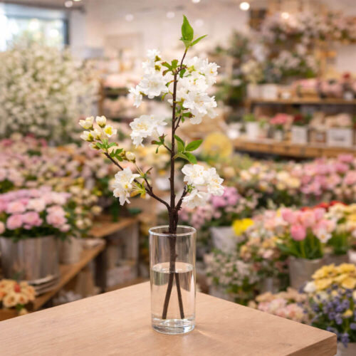 Ramo di ciliegio artificiale bianco EDG con piccoli fiori, stami gialli e foglie verdi realistiche.