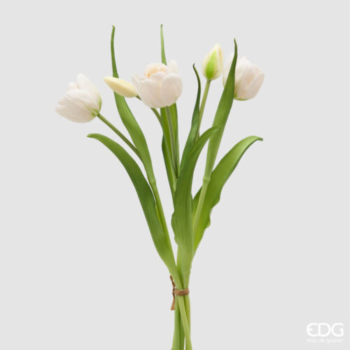 Mazzo di quattro tulipani bianchi artificiali con bocciolo chiuso e foglie verdi, effetto Real Touch, altezza 40 cm.