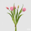 Mazzo di quattro tulipani rosa antico con bocciolo chiuso, sfumature delicate e foglie verdi realistiche, finitura Real Touch, altezza 40 cm.