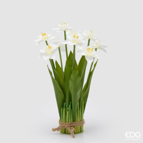 Mazzo di nove narcisi bianchi artificiali con centro giallo e foglie verdi, legati alla base, altezza 41 cm e diametro 10 cm.