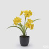 Plante artificielle de narcisse jaune avec douze fleurs et des feuilles vertes, placée dans un vase cylindrique noir mat.