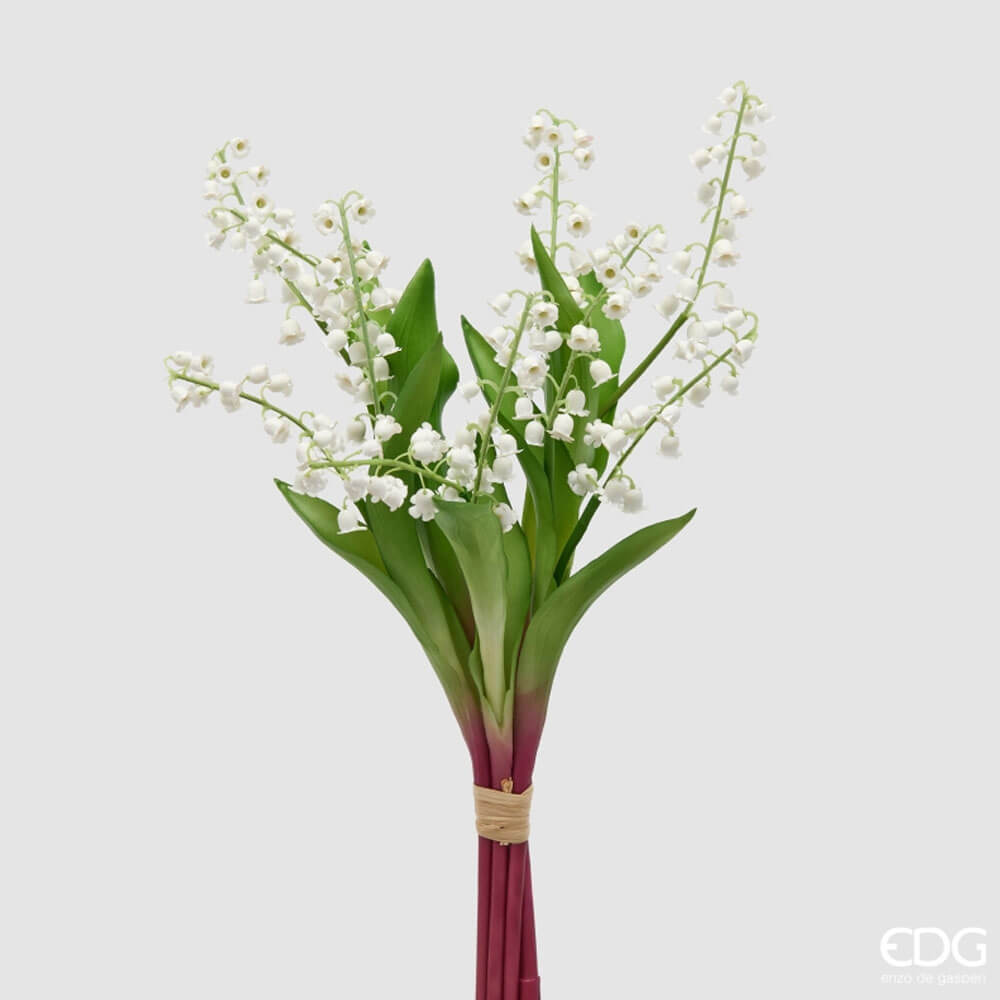 EDG Mazzo Mughetto con Foglie H 40 cm 1 Mazzo artificiale di mughetto con piccoli fiori bianchi a campanula e foglie verdi allungate.