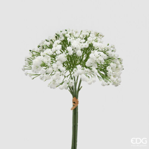Mazzo artificiale di gypsophila con fiori bianchi minuti e steli verdi sottili, legato alla base.