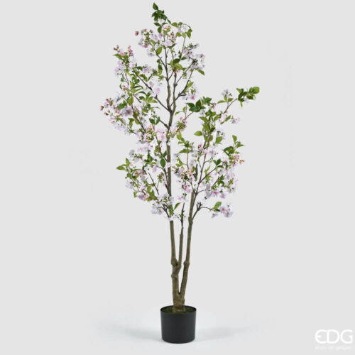 Albero artificiale di melo fiorito alto 220 cm con fiori rosa, foglie verdi e vaso nero in PVC.