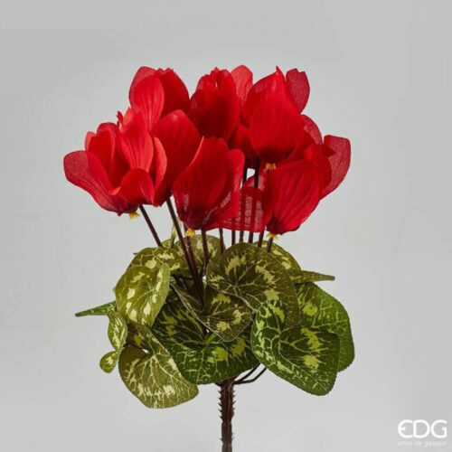 Cespuglio artificiale di ciclamino rosso con foglie verdi variegate e fiori realistici