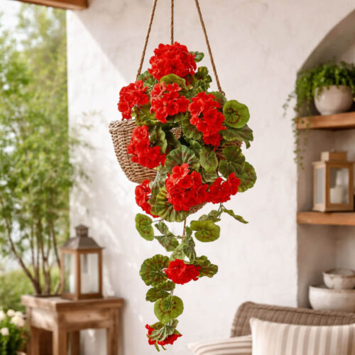 Geranio artificial rojo con flores realistas y hojas verdes redondas