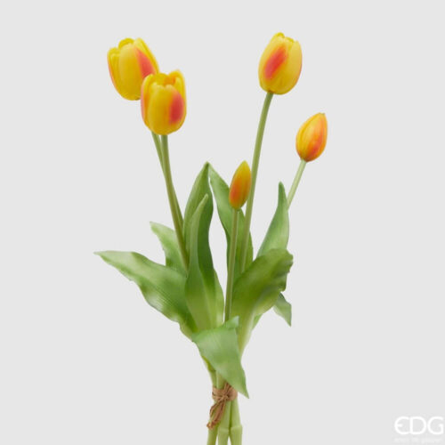 Mazzo artificiale di tulipani gialli con sfumature rosse Real Touch, steli e foglie verdi naturali