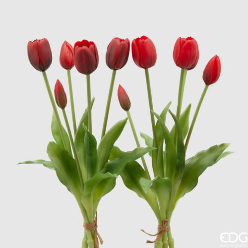 Mazzo artificiale di tulipani rossi e borgogna Real Touch con foglie verdi naturali