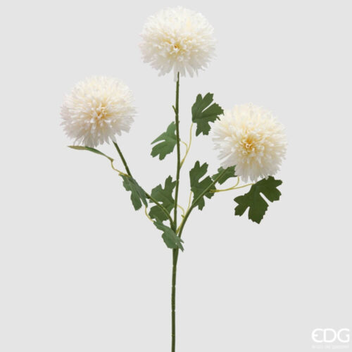 Ramo artificiale di dalia ponpon bianca con petali fitti e foglie verdi realistiche