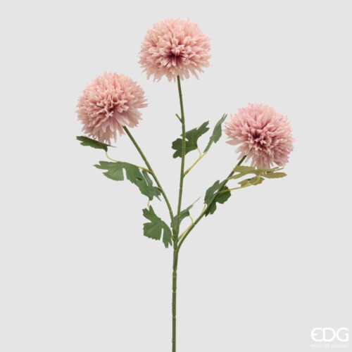 Ramo artificiale di dalia ponpon rosa con petali fitti e foglie verdi realistiche