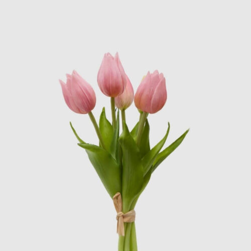 Mazzo di cinque tulipani rosa artificiali Real Touch con foglie verdi realistiche.