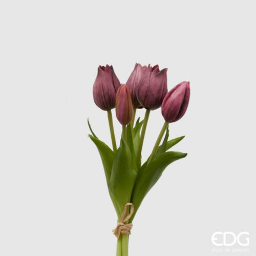 Bouquet di cinque tulipani viola artificiali Real Touch con foglie verdi realistiche.