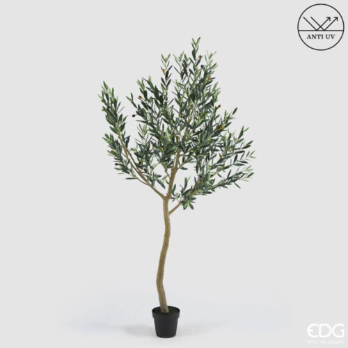Olivo artificiale anti-UV alto 200 cm con foglie verdi e olive decorative in vaso nero.