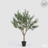 Olivo artificiale anti-UV alto 157 cm con foglie verdi e olive decorative in vaso nero.
