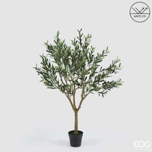 Olivo artificiale anti-UV alto 157 cm con foglie verdi e olive decorative in vaso nero.