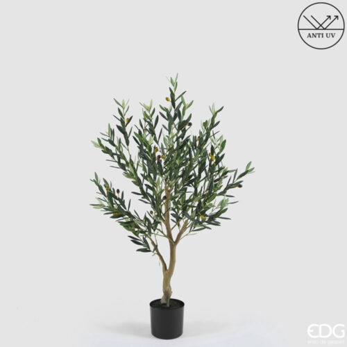 Olivo artificiale anti-UV alto 129 cm con foglie verdi e olive decorative in vaso nero.