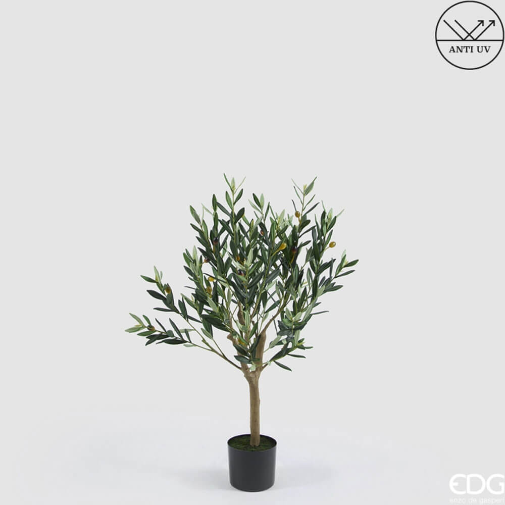 EDG Olivo Artificiale con Vaso H 93 cm Anti-UV 1 Olivo artificiale anti-UV alto 93 cm con foglie verdi e olive decorative in vaso nero.