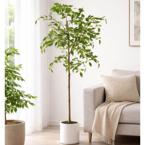 Plante artificielle Ficus Beniamino de 140 cm de haut avec des feuilles vertes brillantes et un pot cylindrique ivoire.
