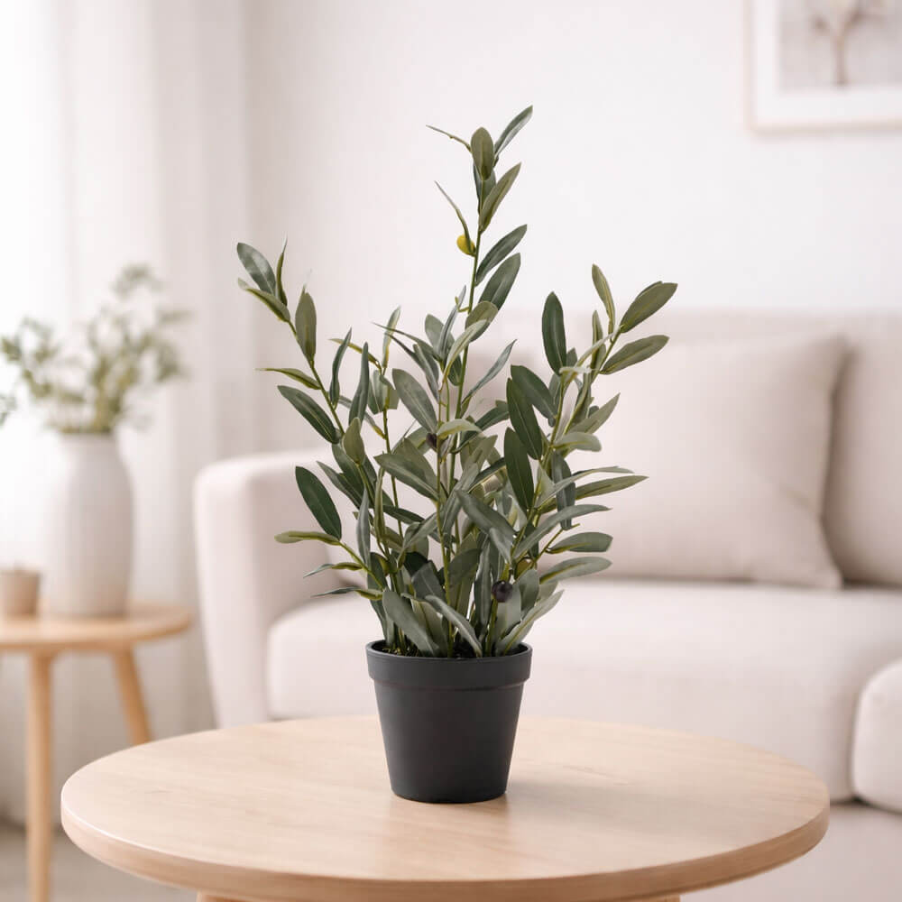EDG Olivo con vaso H 45 cm 1 Pianta artificiale di olivo EDG alta 45 cm con foglie verdi, olive decorative e vaso nero opaco.