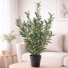 Pianta artificiale di olivo EDG alta 65 cm con foglie realistiche, olive decorative e vaso nero opaco.