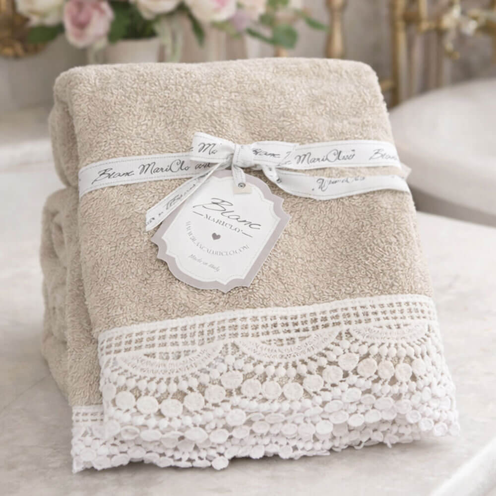 Blanc MariClo' Coppia Asciugamani Beige con Pizzo
