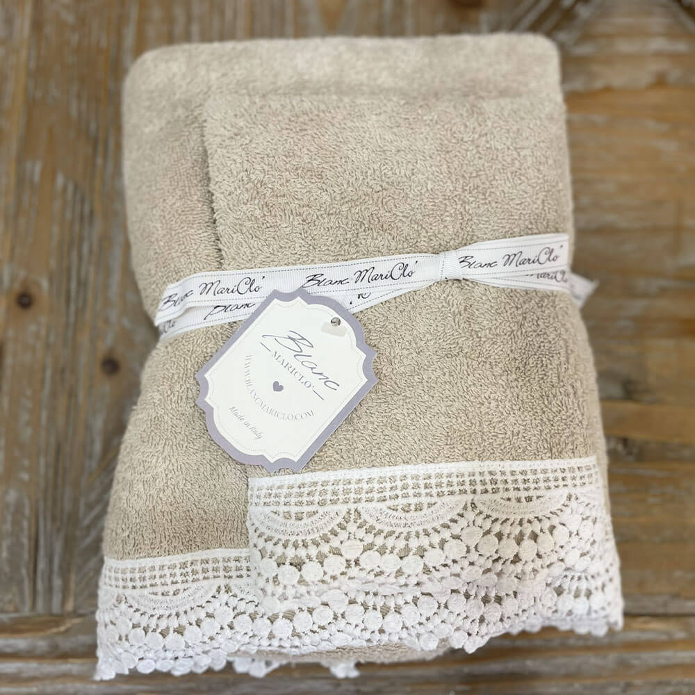 Blanc MariClo' Coppia Asciugamani Beige con Pizzo