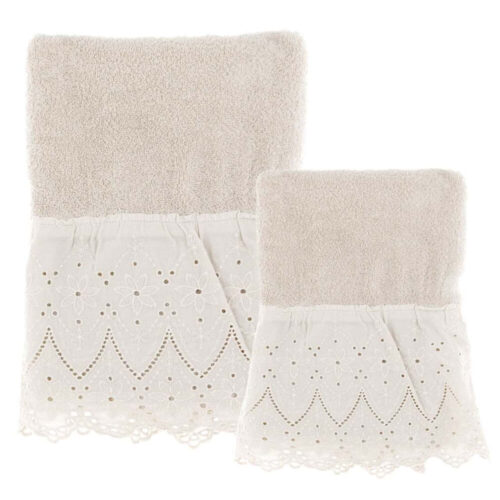 Coppia asciugamani panna Blanc Mariclò in spugna con balza Sangallo tinta capo, stile shabby romantico.