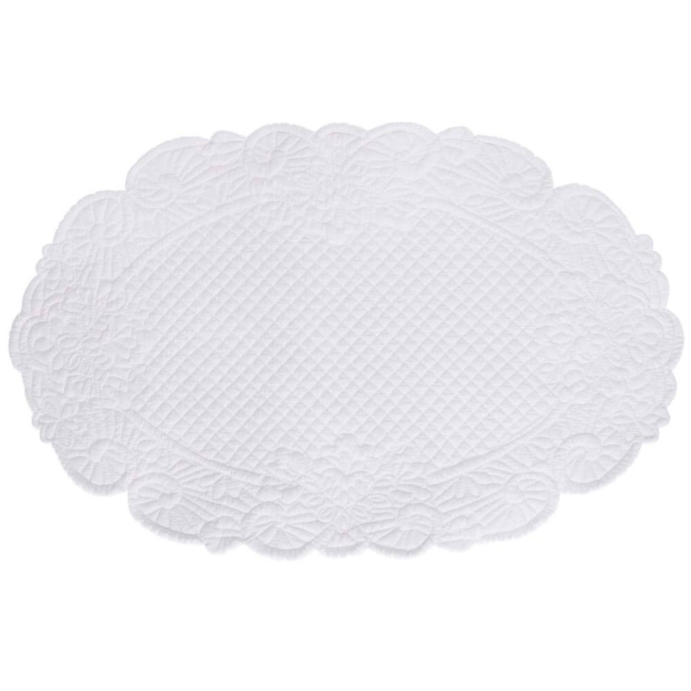 Blanc MariClò Mantel Acolchado Ovalado 35x50 cm 1 Mantel individual ovalado de algodón acolchado blanco con motivos florales y borde decorativo en forma.
