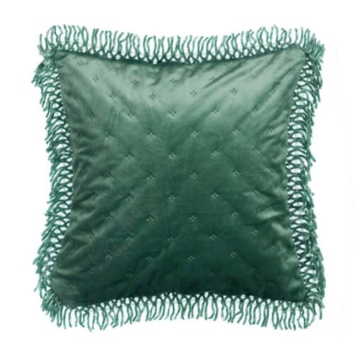 Coussin carré en tissu vert brillant avec un matelassage en losange et des franges sur les bords.