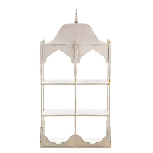 Étagère Blanc MariClo’ in metallo bianco con struttura sagomata e finitura antica, tre ripiani e top decorativo a cuspide.