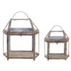 Set di due lanterne esagonali Blanc Mariclò in ferro e vetro con manico, chiusura a gancio e finitura anticata color ruggine.