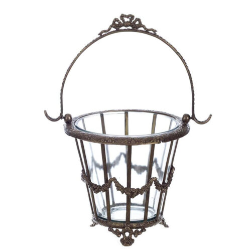 Cestino decorativo Blanc Mariclò in vetro trasparente con struttura in ottone anticato e manico ad arco decorato.