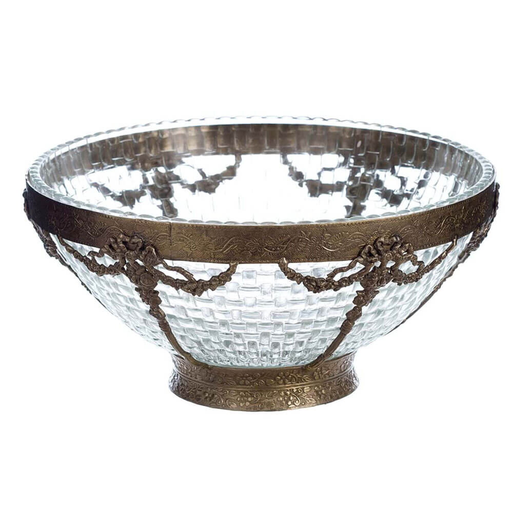 Blanc MariClò Jarrón decorativo Ø25 cm Artemisia 1 Jarrón decorativo de cristal con trabajo tejido y detalles de latón antiguo con festones florales.