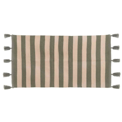 Runner tappeto a righe verdi in cotone con nappe decorative Blanc Mariclò