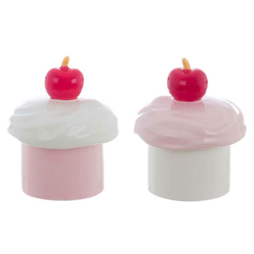 Candela profumata in barattolo ceramico rosa e bianco a forma di cupcake con ciliegia sul coperchio, Blanc MariClò.
