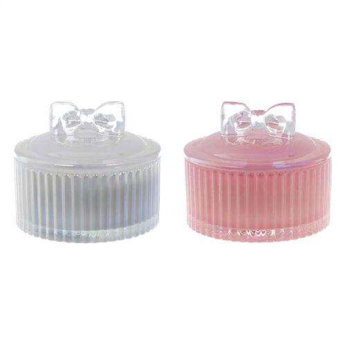 Candela profumata in barattolo di vetro rosa o bianco con coperchio trasparente e fiocco decorativo Blanc MariClò.
