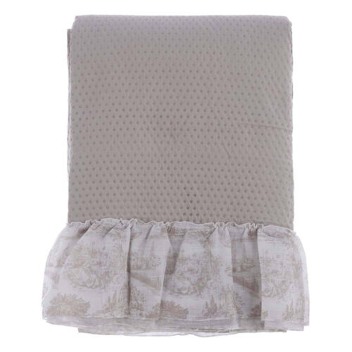 Couette double de couleur naturelle "Blanc MariClo", avec un motif à micro-points et un grand volant frisé de 20 cm en toile de jouy ton sur ton.