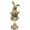 Statua di coniglietto in resina, con vestito e cestino di uova pasquali, in stile rustico.