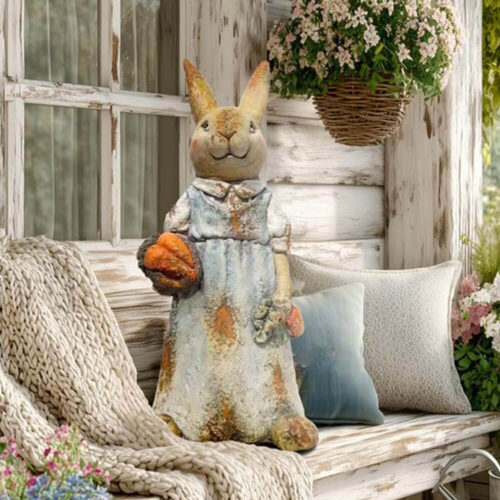 Statue de lapin en résine décorative, avec robe bleu clair à effet usé et citrouille orange à la main.