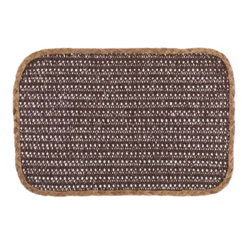 Sottopiatto rettangolare in fibra intrecciata con bordo naturale e centro a rete color tortora, stile rustico elegante.