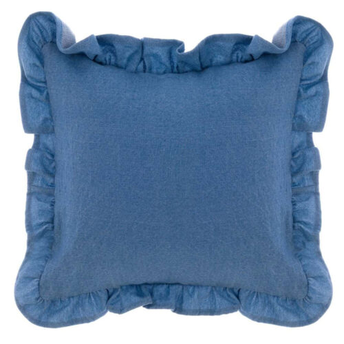 Coussin carré en denim bleu clair avec bordure à volants, tissu en coton, style marin et cool.