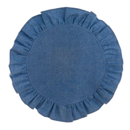 Tovaglietta rotonda in tessuto denim blu con gala decorativa sul bordo, stile rustico chic.