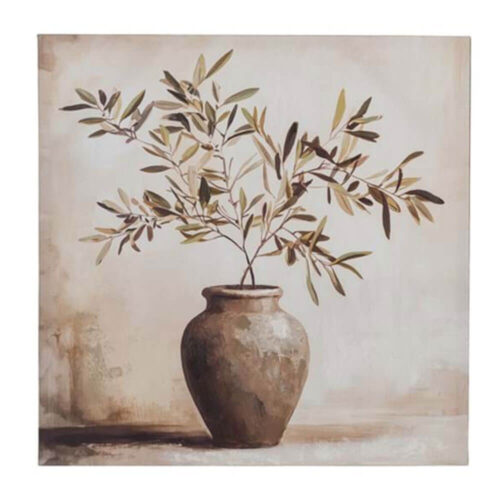 Tableau décoratif Blanc MariClò avec vase en terre cuite et branches d'olivier sur fond neutre, style naturel et relaxant.