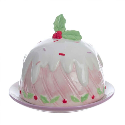 Campana decorativa in ceramica rosa con foglie e bacche su piatto coordinato, vassoio Blanc MariClò.