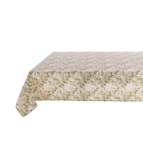 Tovaglia Blanc Mariclò con decoro di rose color crema e rami verdi intrecciati su base panna.