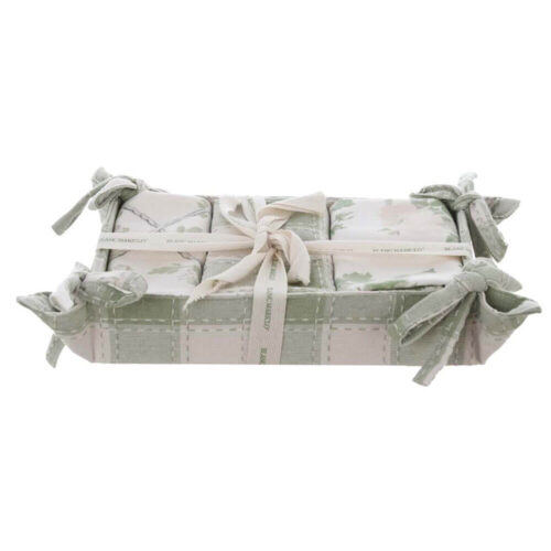 Cestino in tessuto vichy verde con tre canovacci assortiti della collezione Blanc Mariclò Rami d’Amore.