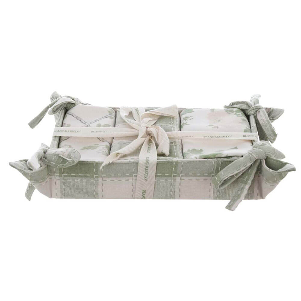 Blanc Mariclò Cestino Vichy Verde con 3 Canovacci Rami d’Amore 1 Cestino in tessuto vichy verde con tre canovacci assortiti della collezione Blanc Mariclò Rami d’Amore.